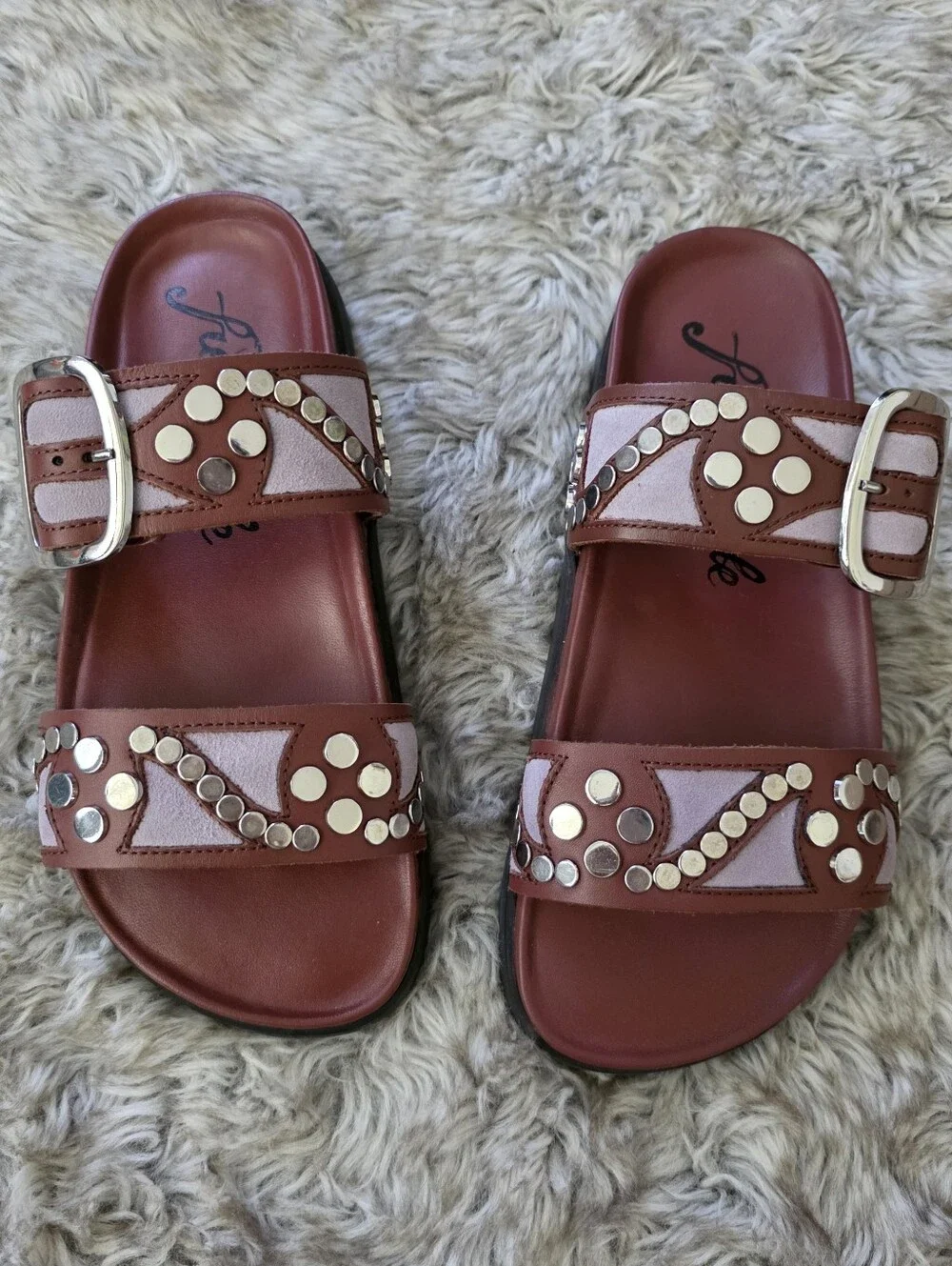 Free People Revelry Studded Double Strap Slide Sandals Rust/Lavender Women's 6.5